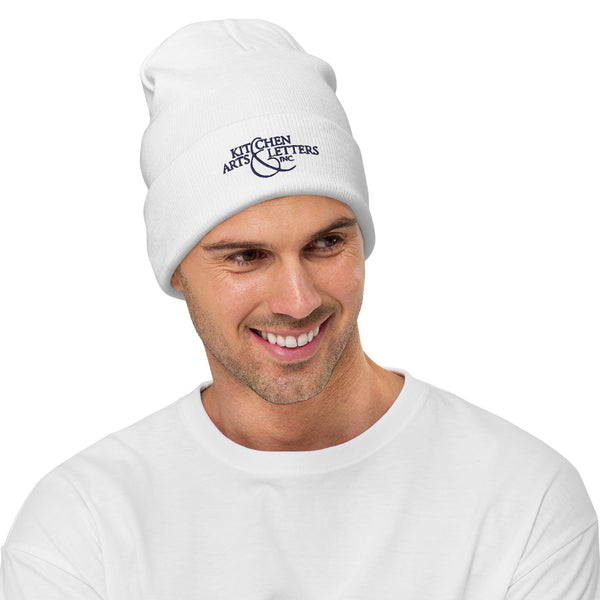 Book Cover: KAL Knit Cap in White with Navy Embroidery