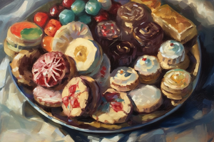 a painting of a plate of holiday cookies
