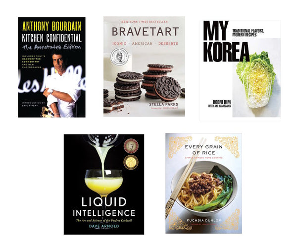 Five book covers: Kitchen Confidential, Bravetart, My Korea, Liquid Intelligence, and Every Grain of Rice