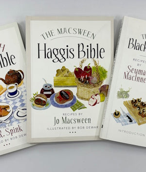 Book covers: The Stornoway Black Pudding Bible, The Macsween Haggis Bible, and The Arbroath Smokie Bible
