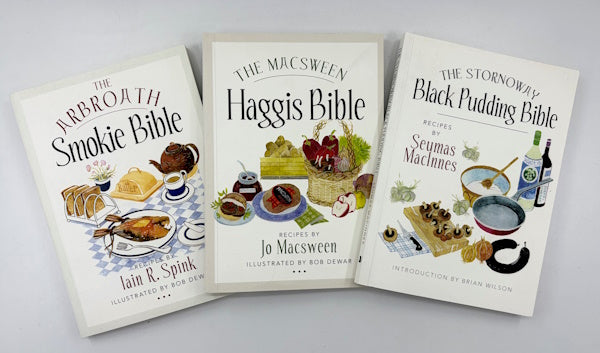 Book covers: The Stornoway Black Pudding Bible, The Macsween Haggis Bible, and The Arbroath Smokie Bible