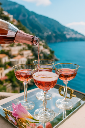 Rose wine being poured into glasses with a scenic background of mountains and sea.