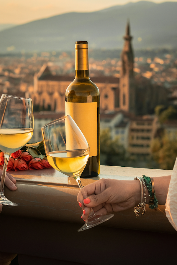 Bottle of white wine and two glasses with a scenic city view in the background