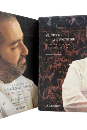 Book covers: La Cocina de Santi Santamaria and El Gusto de la Diversidad 