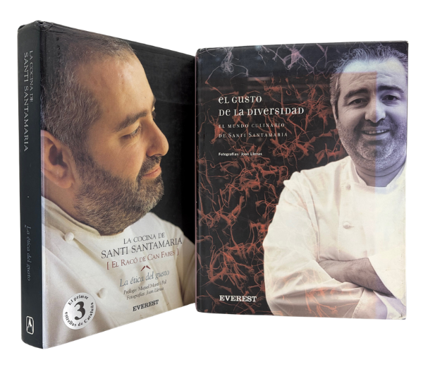 Book covers: La Cocina de Santi Santamaria and El Gusto de la Diversidad 