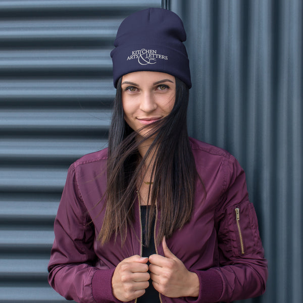 Book Cover: KAL Knit Cap in Navy with White Embroidery