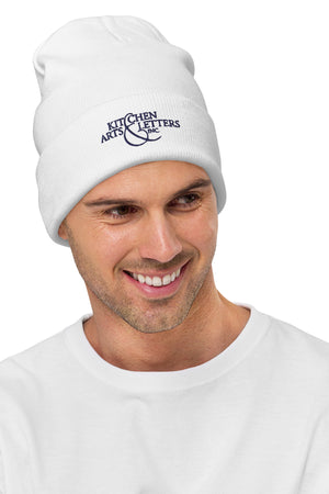 Book Cover: KAL Knit Cap in White with Navy Embroidery